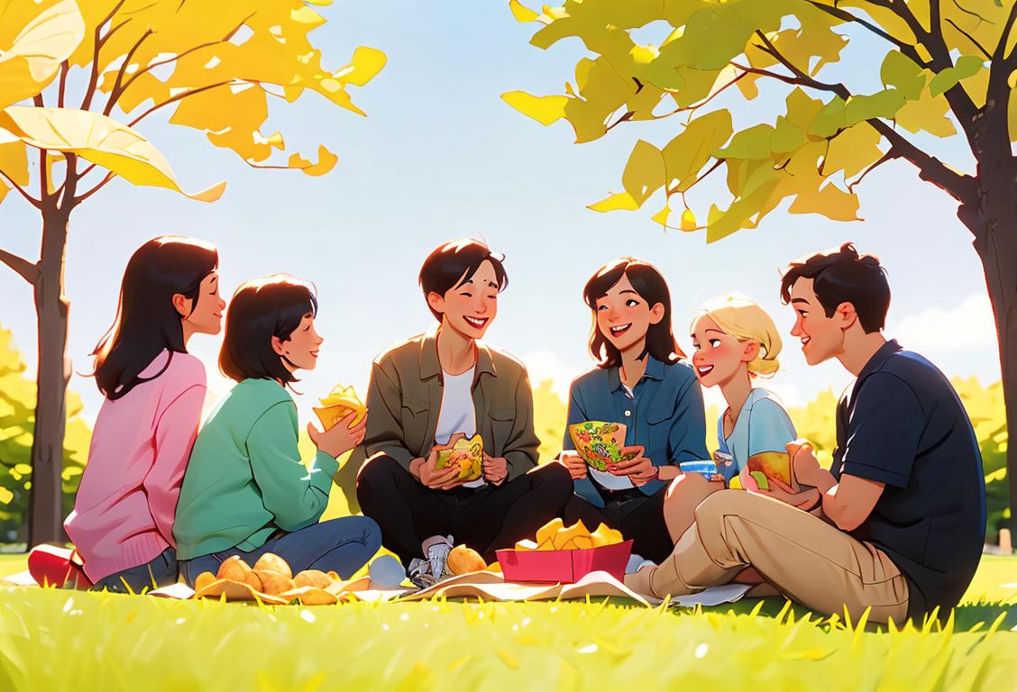 Happy group of friends sharing a bag of potato chips, wearing casual attire, enjoying a picnic in a sunny park..