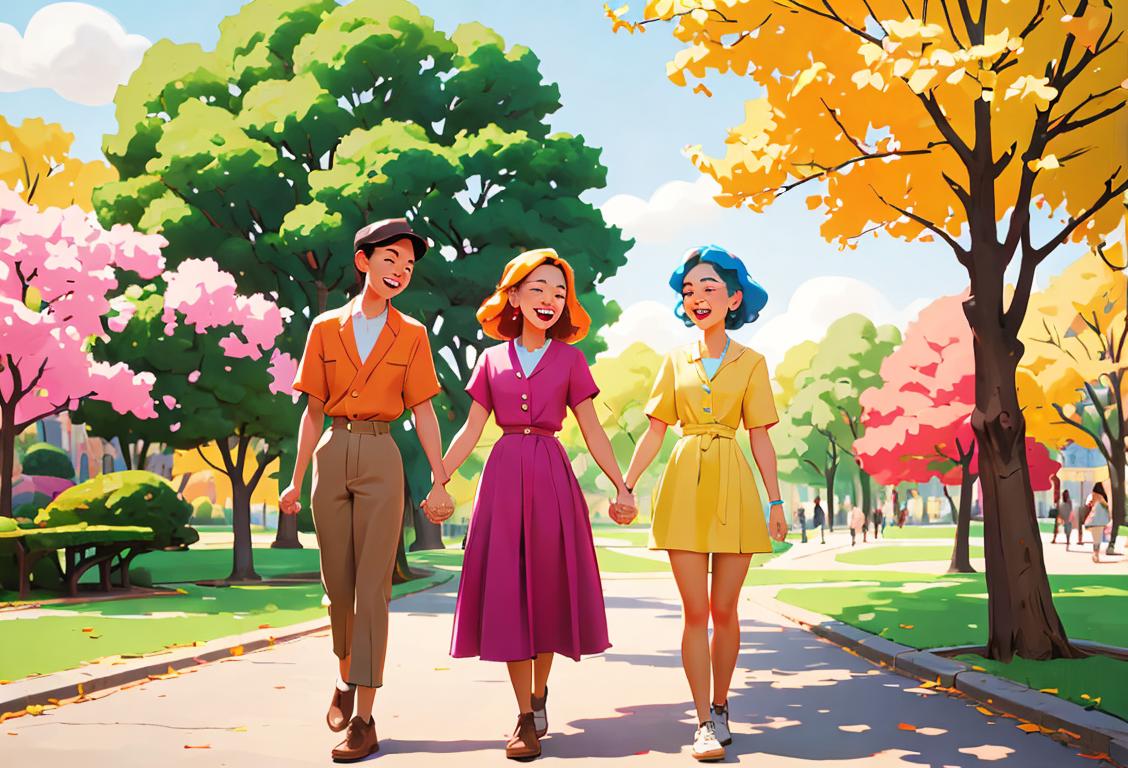 A diverse group of people, smiling and holding hands in a colorful park, wearing different clothes representing various styles and eras..