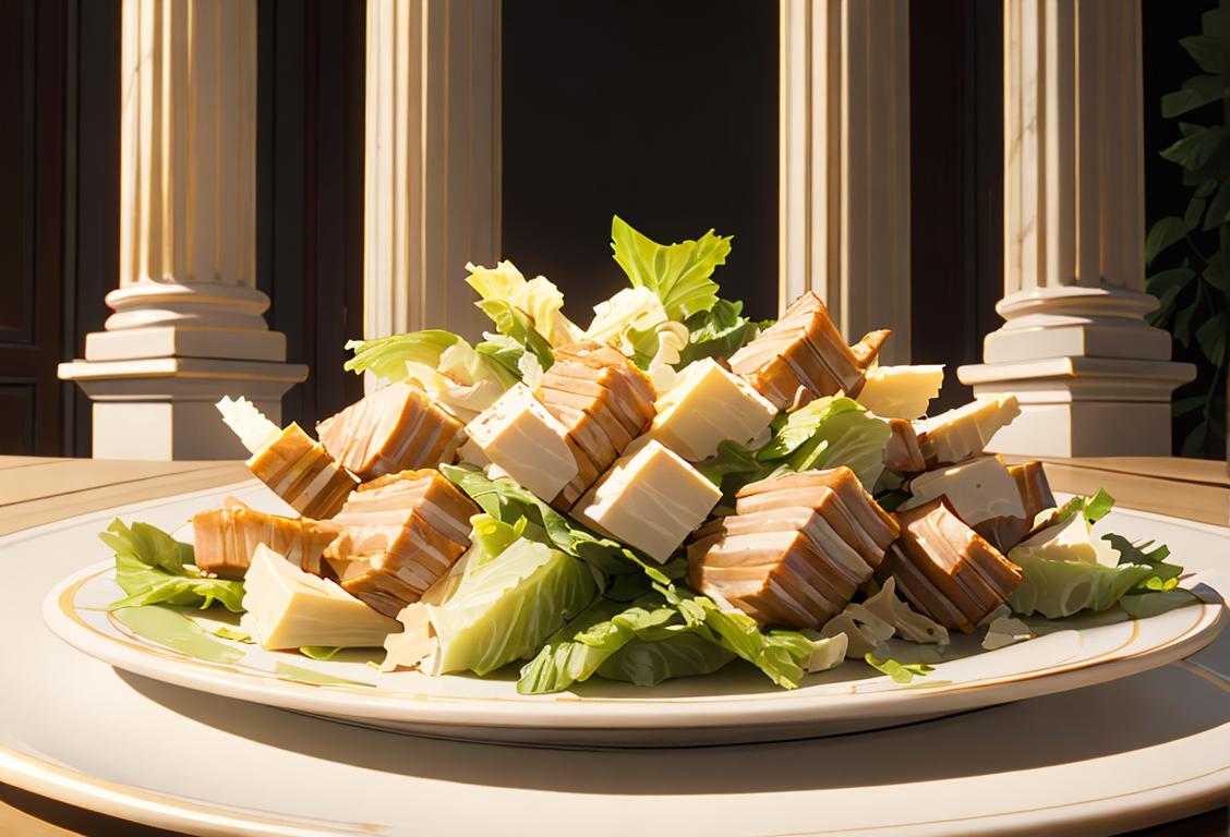 Person joyfully holding a plate with a classic Caesar salad, surrounded by Roman-inspired decor like laurel wreaths and columns.