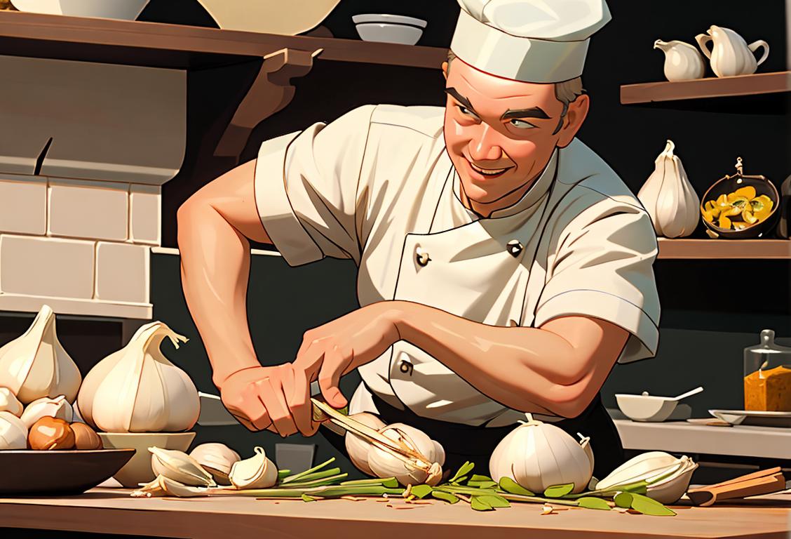 A person joyfully chopping garlic cloves, wearing a chef's hat, surrounded by a kitchen filled with aromatic herbs and spices..