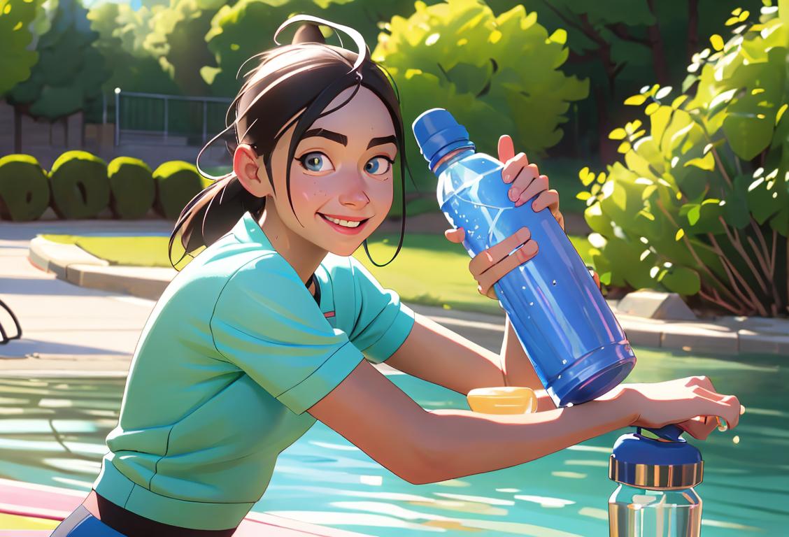 A happy person holding a water bottle, wearing a sporty outfit, outdoors in nature or at a gym..