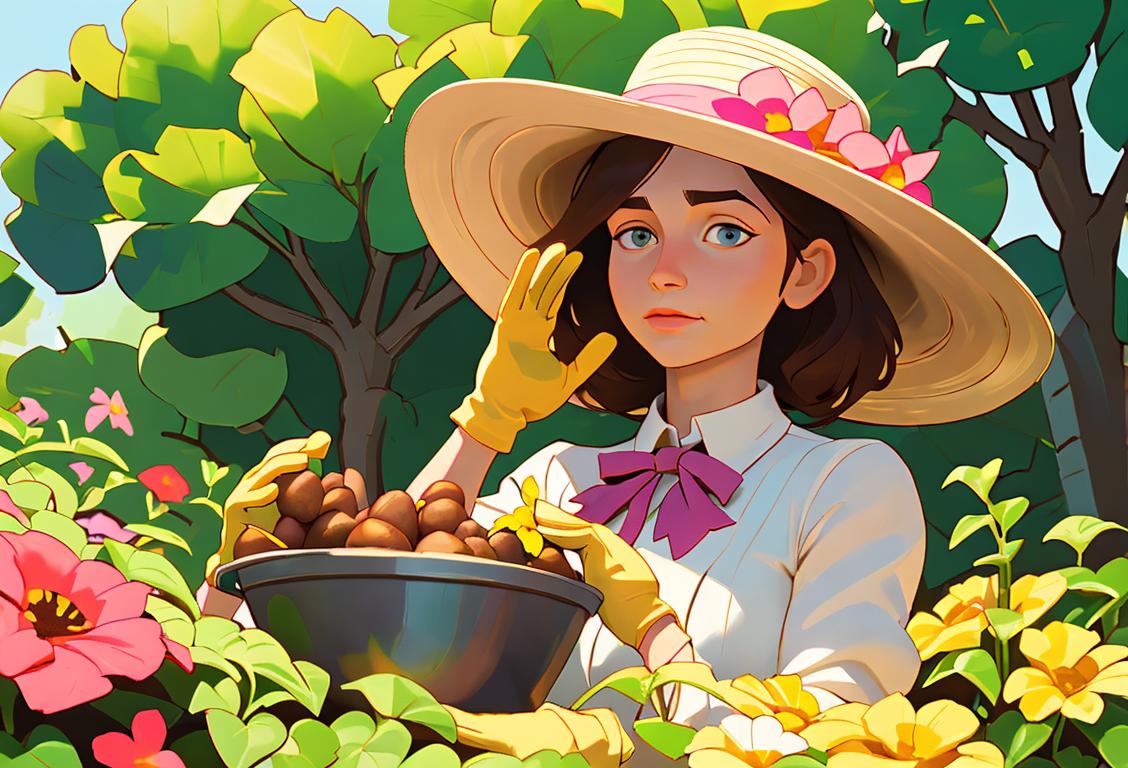 Person planting potatoes in a sunny garden, wearing a wide-brimmed hat, gardening gloves, surrounded by colorful flowers..