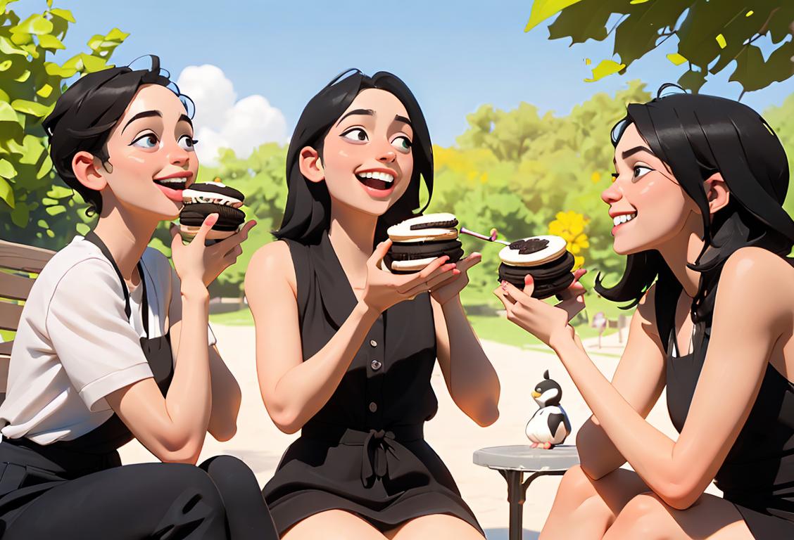 A group of friends sitting outside, enjoying a sunny day, sharing and smiling as they twist, lick, and dunk Oreos together..