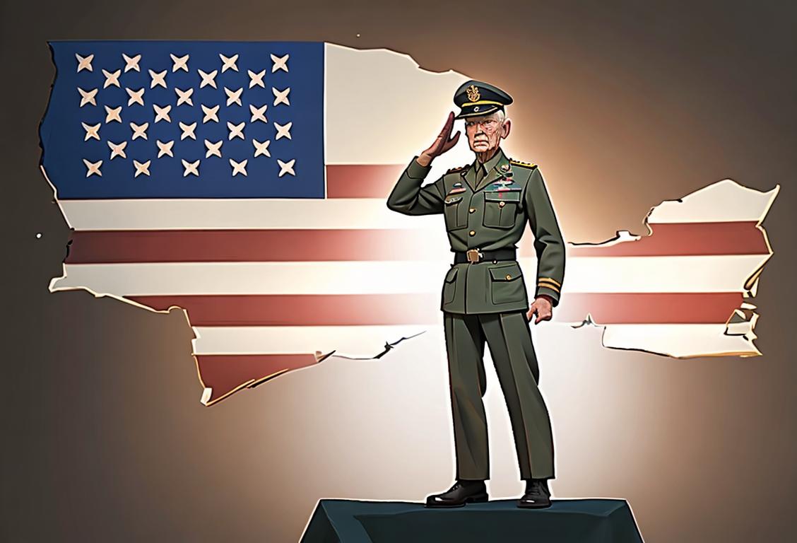 A proud Vietnam War veteran in military uniform, standing in front of an American flag backdrop, saluting with respect..