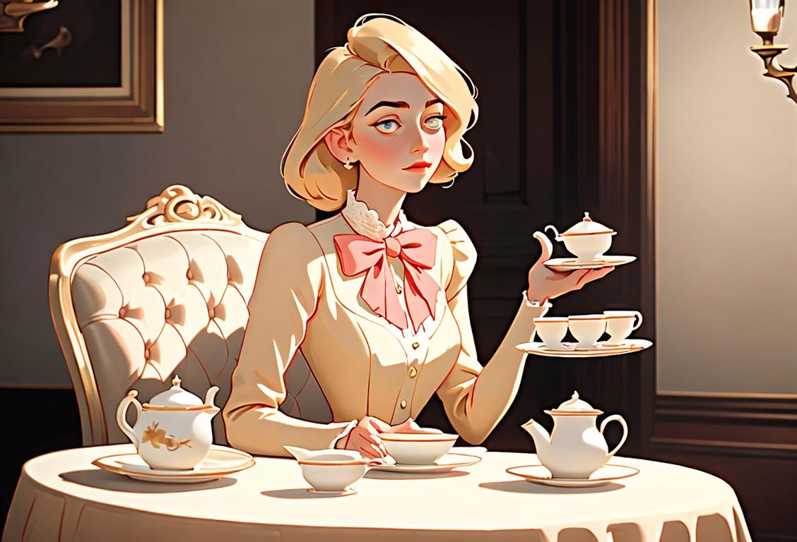 A young woman dressed in a vintage outfit, enjoying a creamy charlotte pudding, surrounded by an elegant tea party setting..