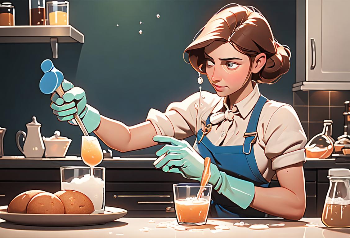 A person wearing gloves and holding a glass of bubbling soda, surrounded by cleaning supplies and baking ingredients..