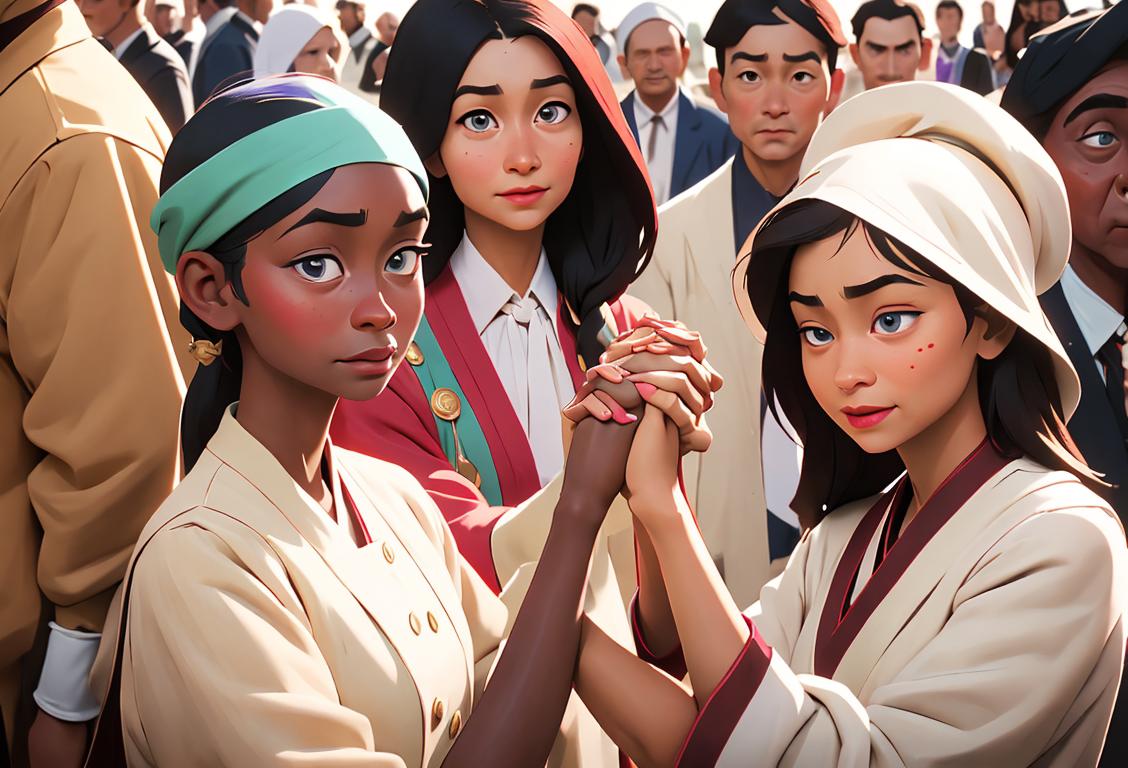 A diverse group of people with different ethnicities, dressed in traditional clothing, happily holding hands, representing unity and inclusiveness on National Register of Citizens Every Day..