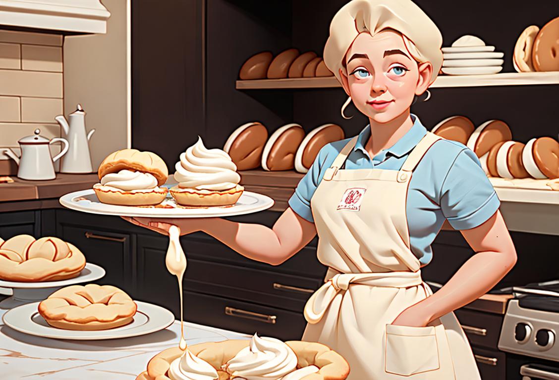A person in a bakery apron holding a rolling pin, surrounded by different types of cream pies, with a delightful kitchen scene in the background..