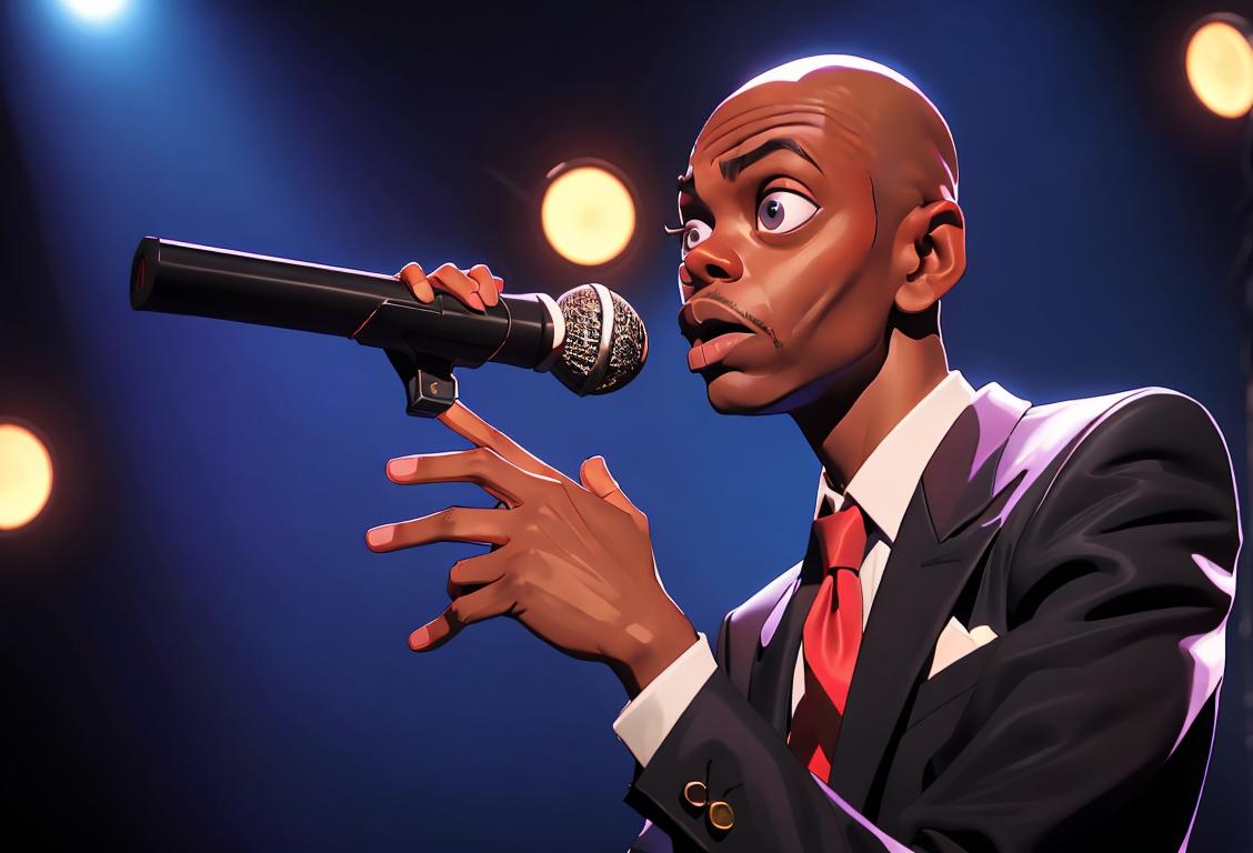 Dave Chappelle with a microphone on stage, wearing a stylish suit, thrilling the audience with his hilarious comedy performance..