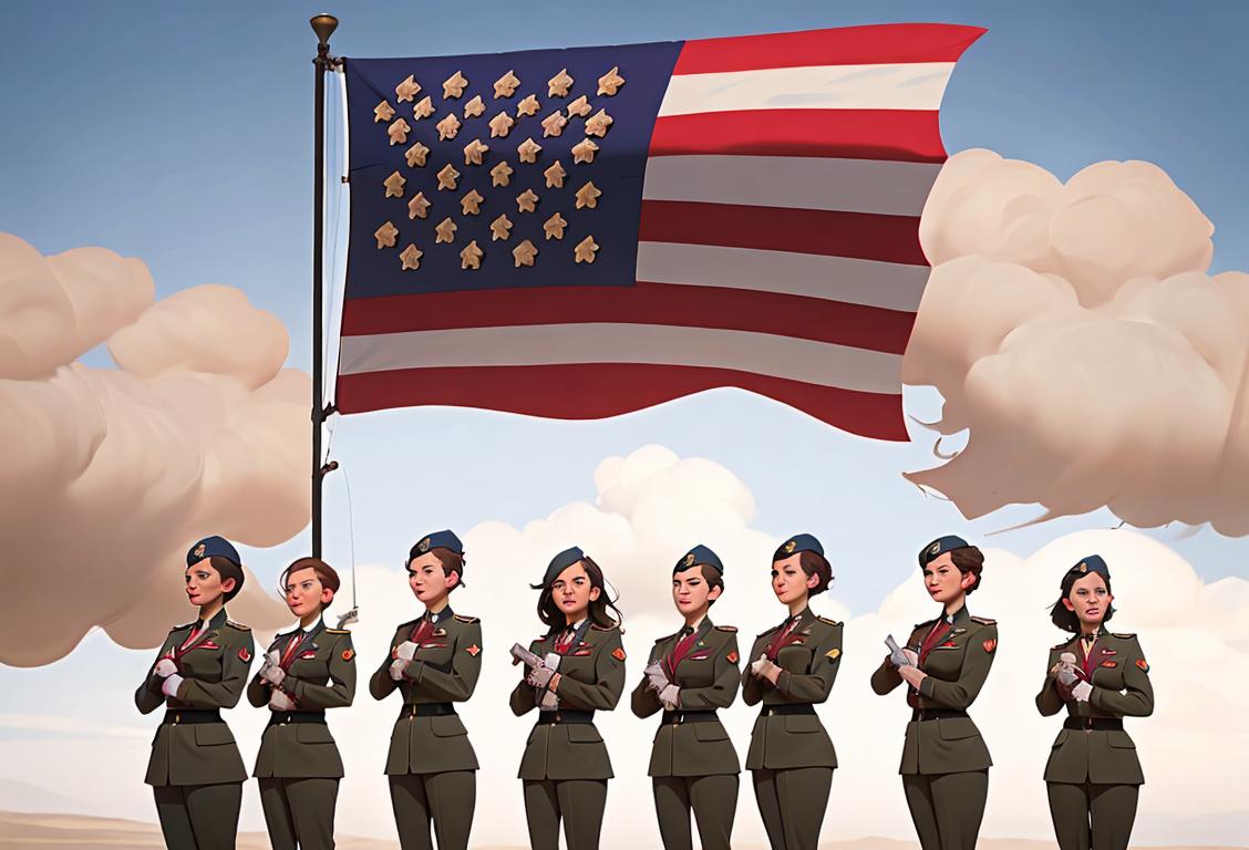A group of diverse women wearing military uniforms, standing in front of an American flag backdrop, with proud and determined expressions..