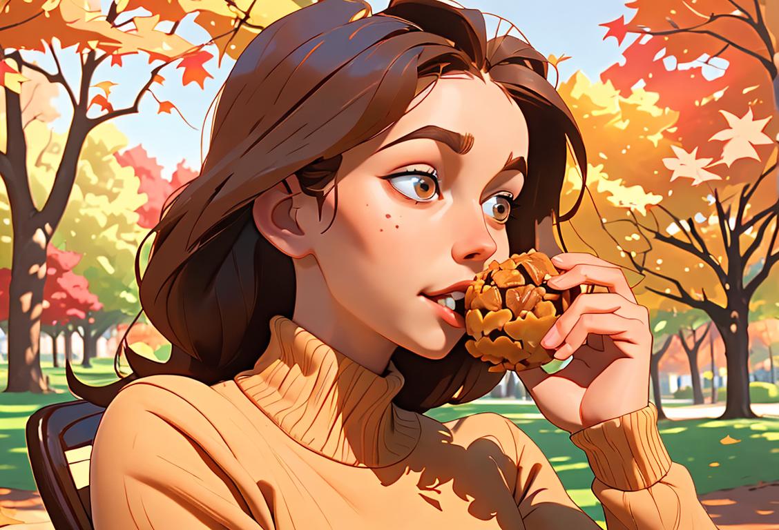 Young woman enjoying a bite of almond buttercrunch, wearing a cozy sweater, autumn leaves falling in a park setting..