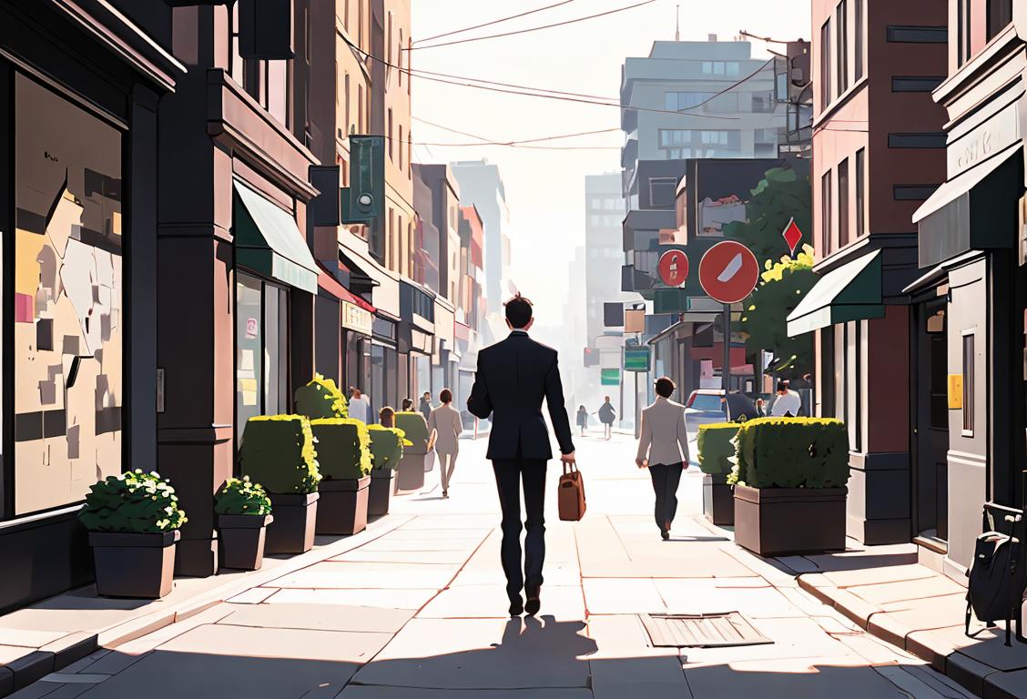 Young professional walking out of office building, holding briefcase, with a background of bustling city streets..