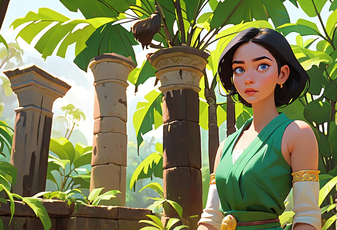 Young woman wearing a traditional karjon outfit, exploring ancient ruins in a lush, tropical jungle..