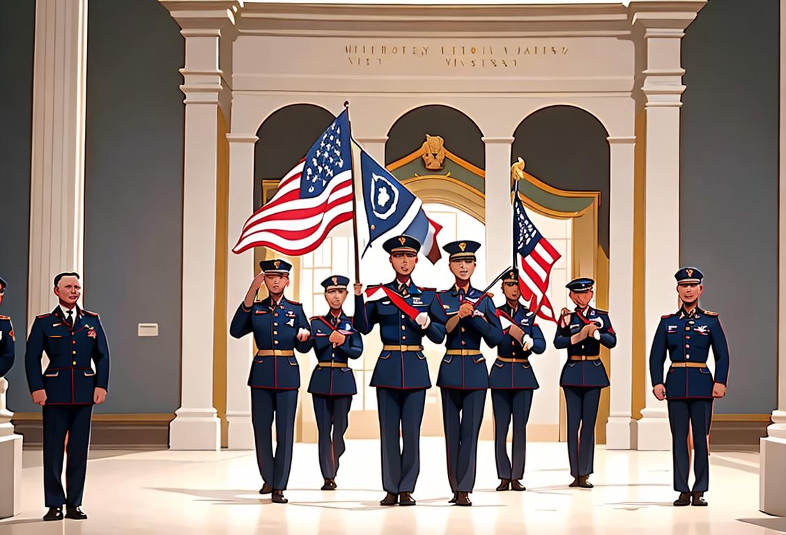 An image of a group of smiling veterans wearing U.S. Army uniforms, standing in front of the National Museum's grand entrance, with an American flag waving in the background..