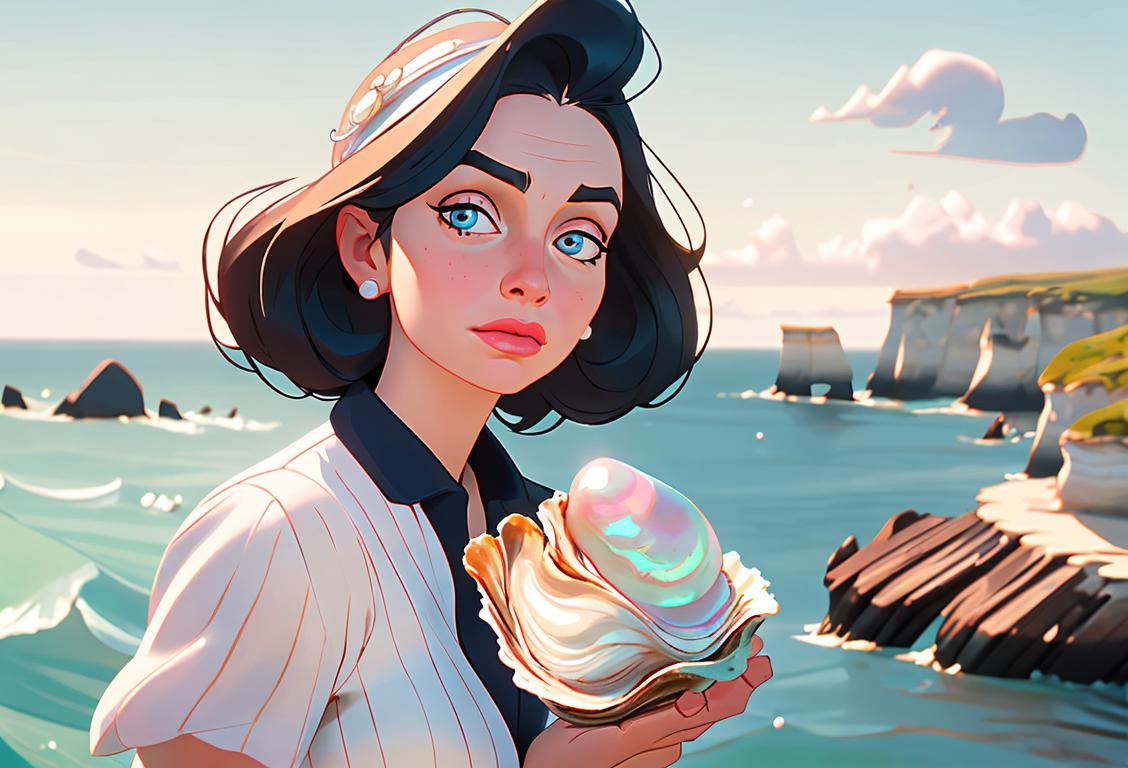 Succint image prompt for National Oyster Day: Woman in nautical attire, against a vibrant coastal backdrop, holding an oversized pearl with a childlike sense of wonder..