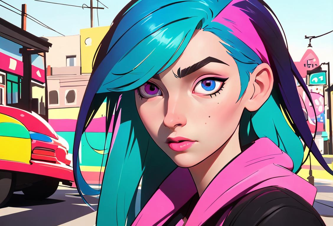 Young person with mismatched colored contact lenses, wearing a stylish outfit, surrounded by vibrant colors and a lively city background..