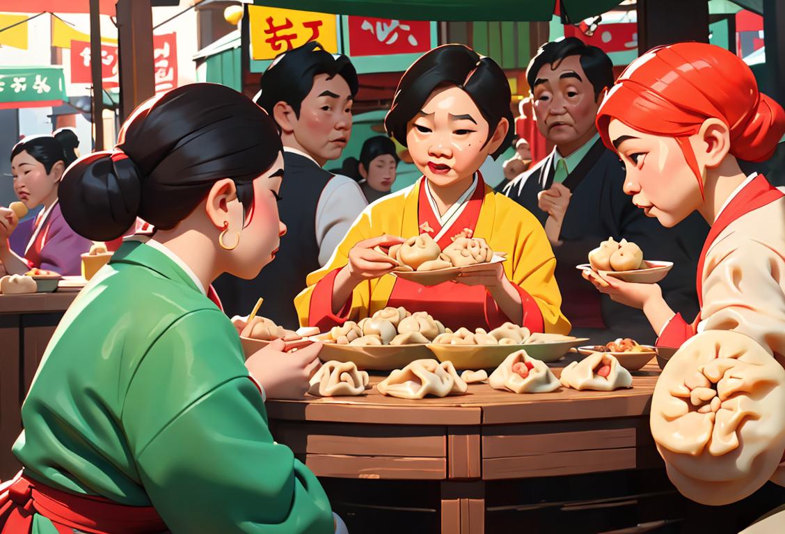 A diverse group of people gathered around a table, happily eating dumplings of various shapes and sizes, wearing colorful traditional costumes, in a bustling market setting..