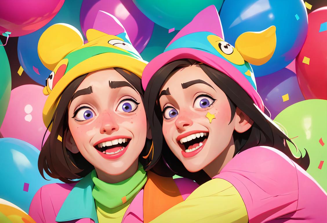Two best friends laughing while wearing matching goofy hats, surrounded by colorful confetti and party decorations..