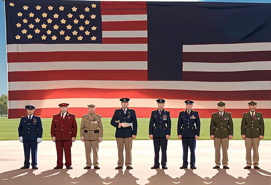 A group of diverse veterans standing together, proudly wearing their military uniforms, with an American flag backdrop and a feeling of unity and respect..