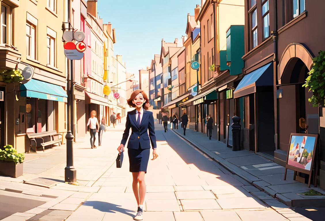 Happy person in professional attire walking on a sunny street, with lively urban background and comfortable shoes..