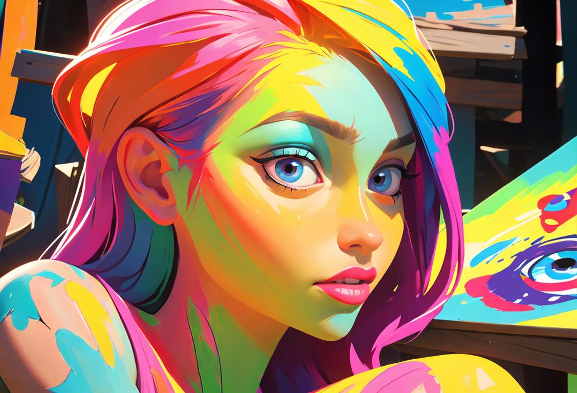 A young woman in colorful attire, surrounded by paintbrushes and a canvas, with a vibrant cityscape in the background..