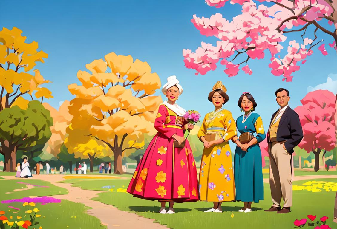 A group of diverse individuals named Joanna, representing different cultures and backgrounds, happily posing together in colorful outfits, celebrating National Joanna Day. Some are wearing traditional clothing, while others are in modern styles. The background scene features a beautiful park with vibrant flowers and blue skies, symbolizing the diversity and unity of Joannas worldwide..