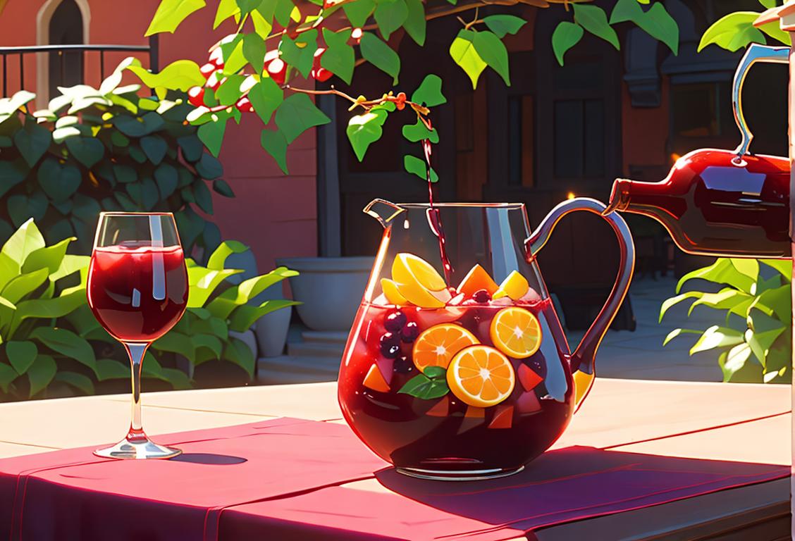Pouring red wine into a pitcher with sliced fruits, vibrant colors, garden party setting with happy people enjoying National Sangria Day..