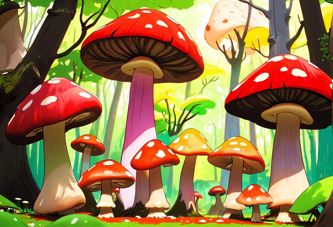 A group of happy people in colorful attire, surrounded by vibrant mushrooms in a whimsical forest setting..