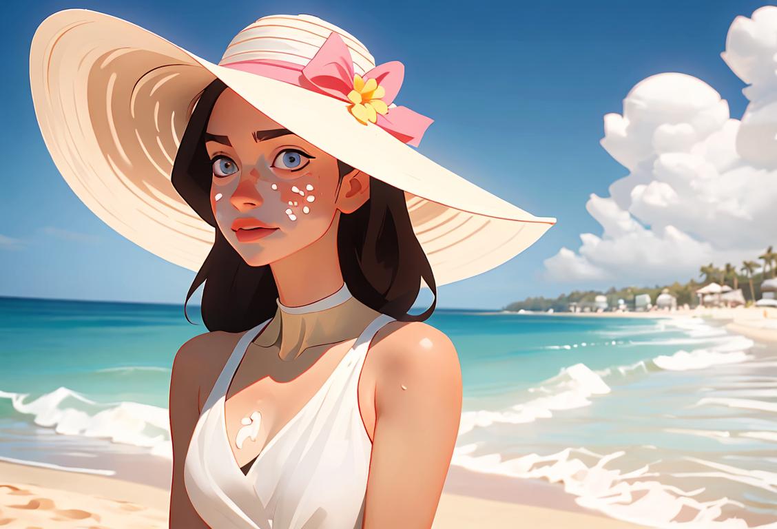 Young woman applying sunscreen on a sunny beach, wearing a wide-brimmed hat, flowy summer dress, beach setting.