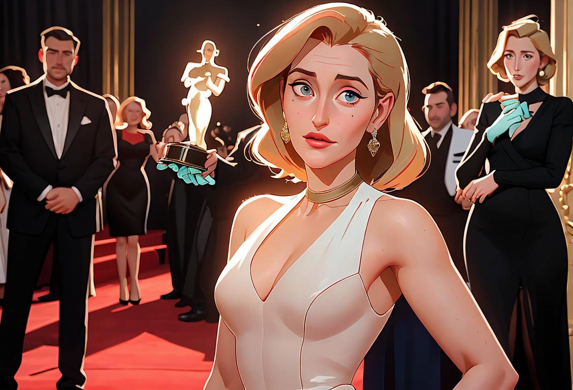 Gillian Anderson gracefully holding an award, wearing an elegant evening gown, Hollywood red carpet event, surrounded by adoring fans..