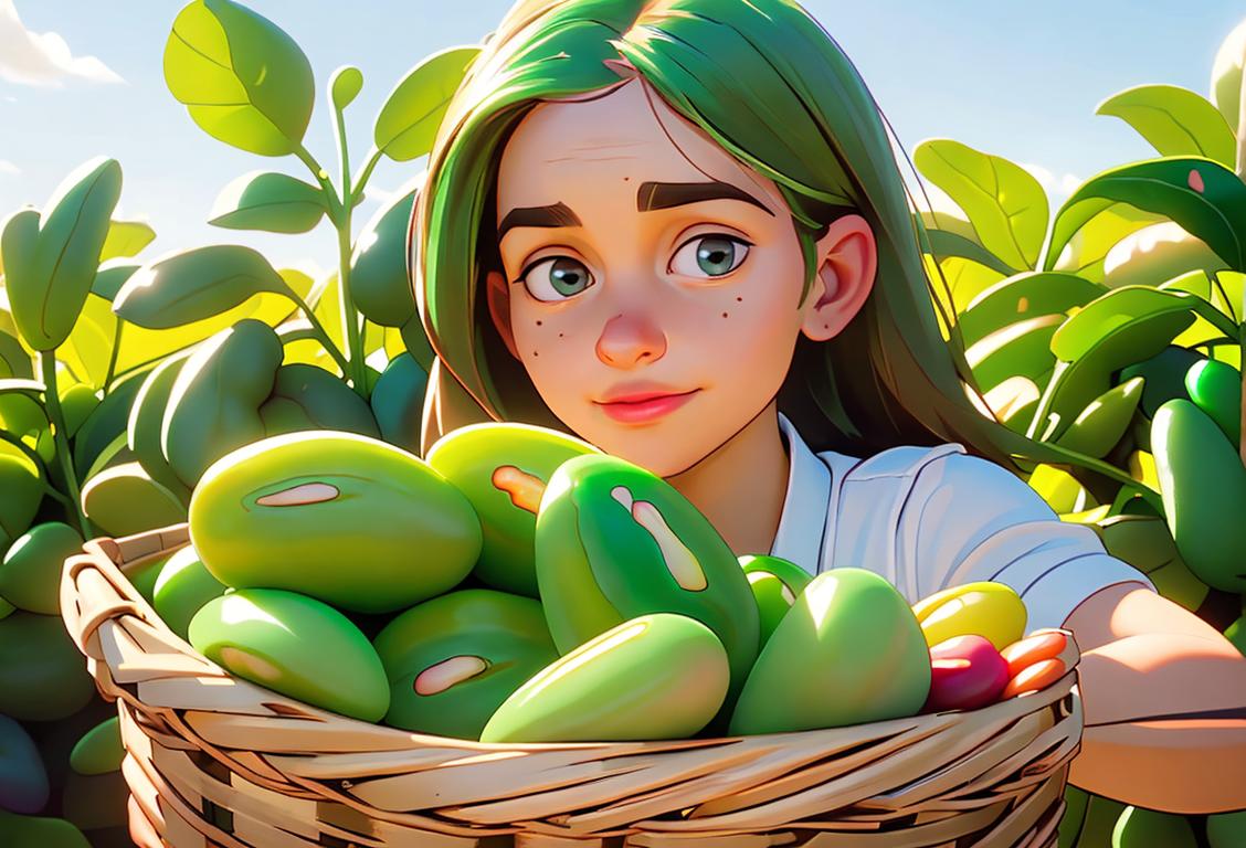 A wholesome young girl holding a basket of colorful lima beans, wearing a chef's hat, surrounded by a vegetable garden..