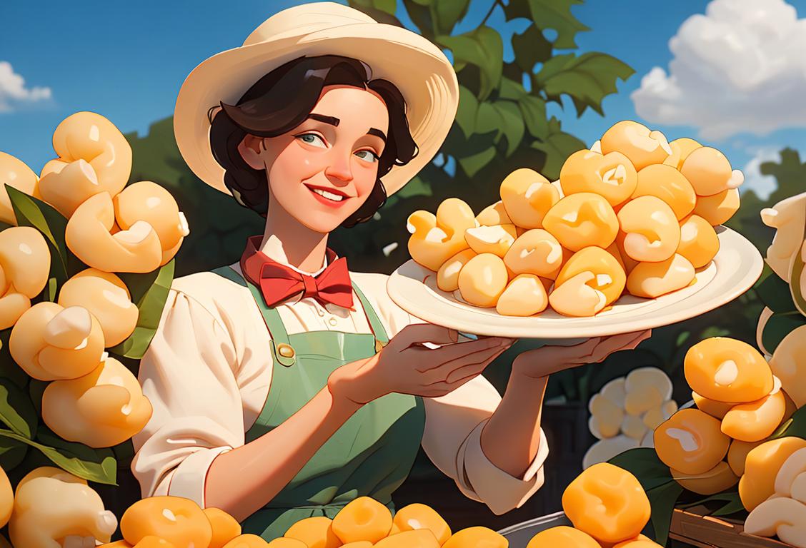 A delighted person holding a plate of fresh cheese curds with a farmer's market in the background, wearing a vintage apron and a charming hat..