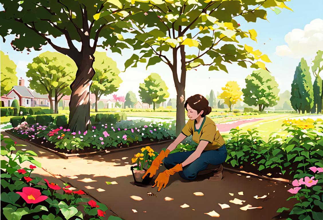 Person with gardening gloves covered in soil, planting a sapling, surrounded by blooming flowers and a sunny garden scene..