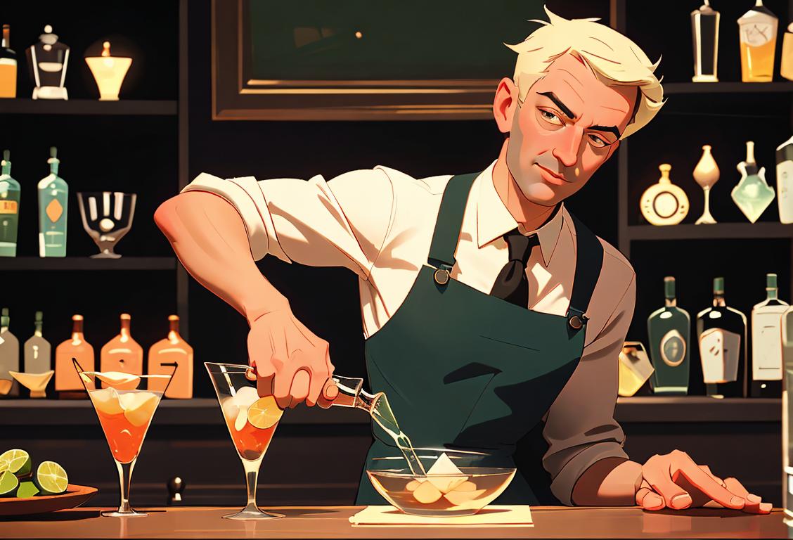 A stylish mixologist pouring gin into a glass, wearing a vintage apron, with a lively bar scene in the background..
