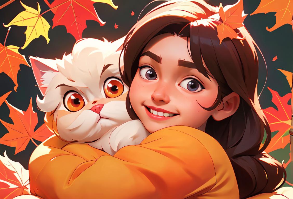 Joyful person cuddling a cute, fluffy cat, wearing cozy sweater, surrounded by colorful autumn leaves..