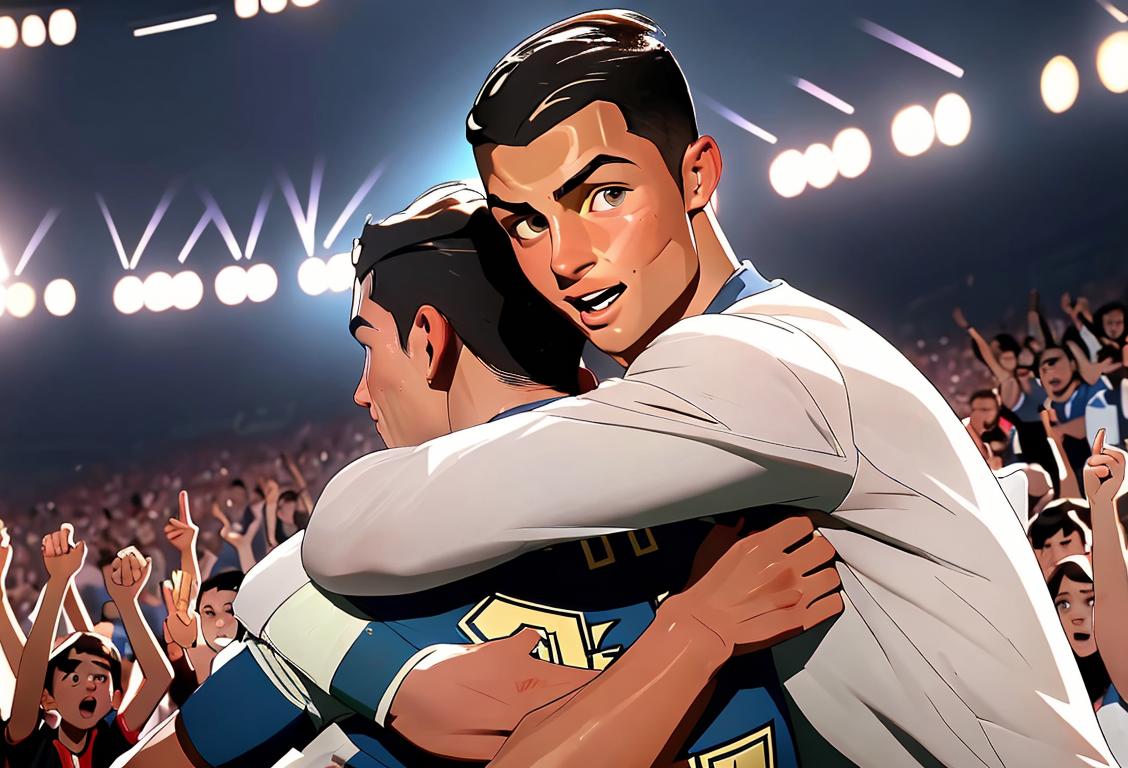 Young fans surrounding Cristiano Ronaldo with open arms, wearing soccer jerseys, stadium setting, cheering and celebrating..