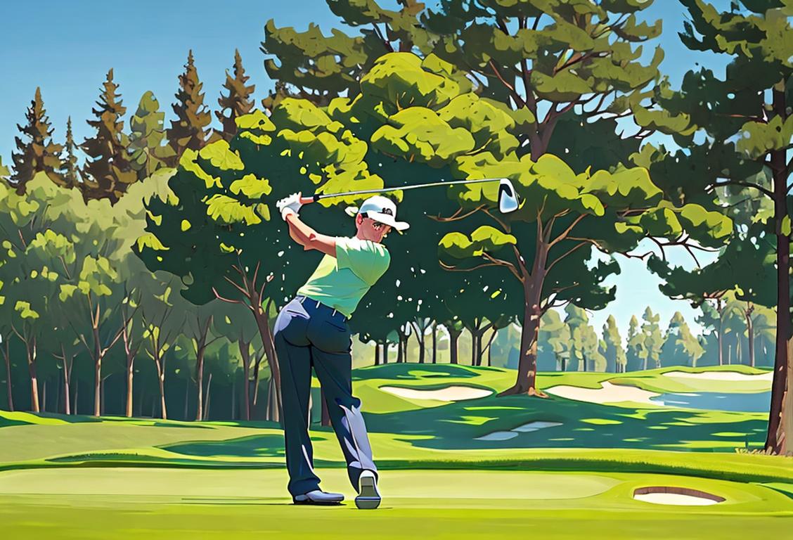 A golfer in a plaid shirt teeing off on a lush green golf course, surrounded by towering trees and a clear blue sky..
