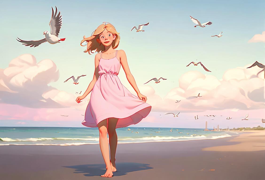 Young woman named Leanne wearing a colorful sundress, walking barefoot on a picturesque beach with seagulls flying in the background..