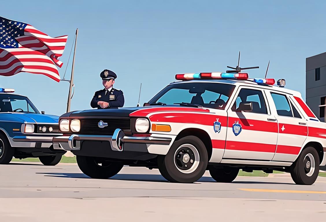A group of police officers in uniform standing in front of their patrol cars, with the American flag waving in the background, showing dedication and patriotism..