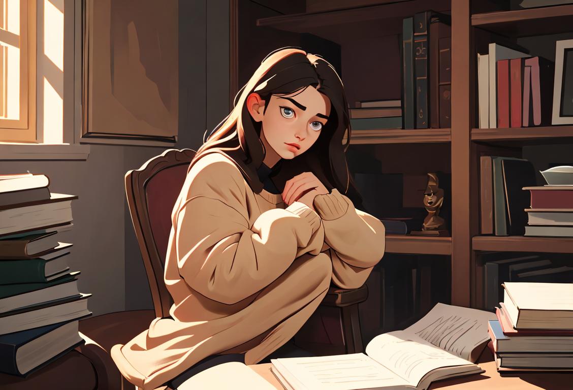 Young woman sitting alone in a cozy nook, surrounded by books and wearing comfy clothes..