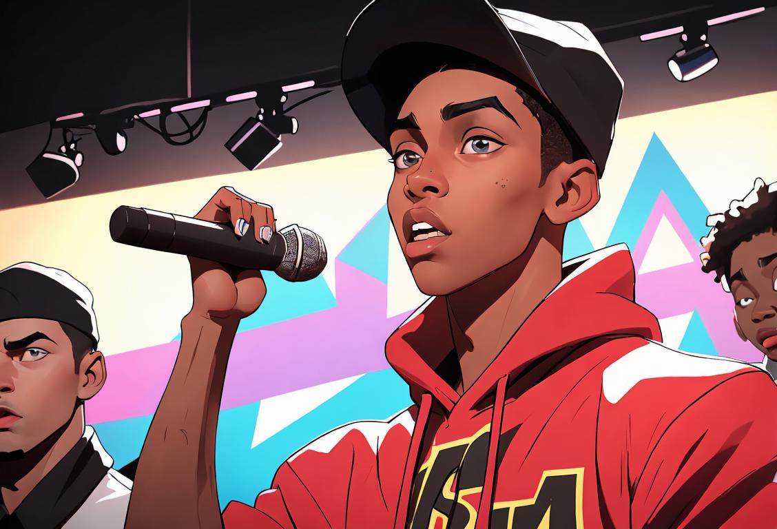 Young hip-hop artist holding a microphone, wearing stylish urban clothing, in a vibrant city backdrop with fans cheering in the background..