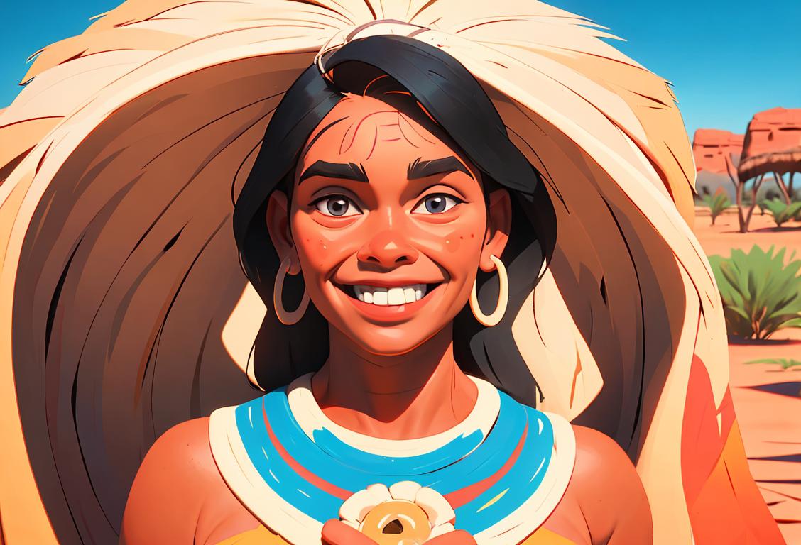Smiling woman in traditional Aboriginal attire, surrounded by vibrant Australian outback scenery..