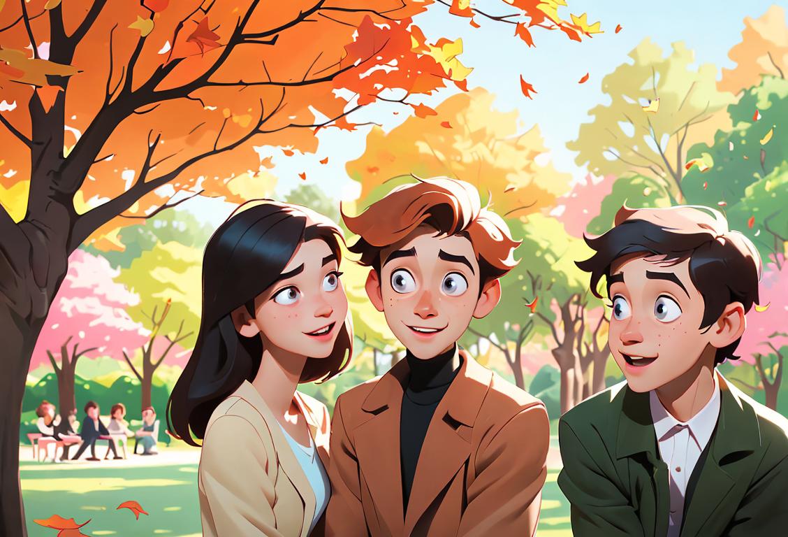 A group of young people in a park, surrounded by falling leaves, capturing stolen glances and secret smiles. One person may be crushing on a celebrity, another on a classmate, and yet another on a cartoon character. They all celebrate National Crush Day in their unique fashion, under the enchanting spell of the fall climate..