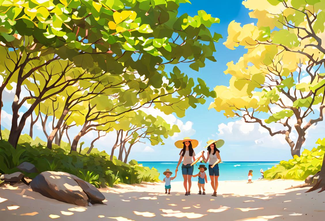 Young family hiking in a national park, wearing sunhats, beach attire, enjoying a picnic under shady trees..