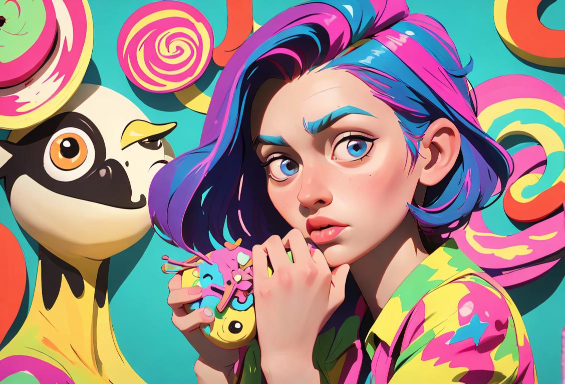 Young woman with colorful hair, wearing mismatched clothes, surrounded by whimsical decorations and quirky props..