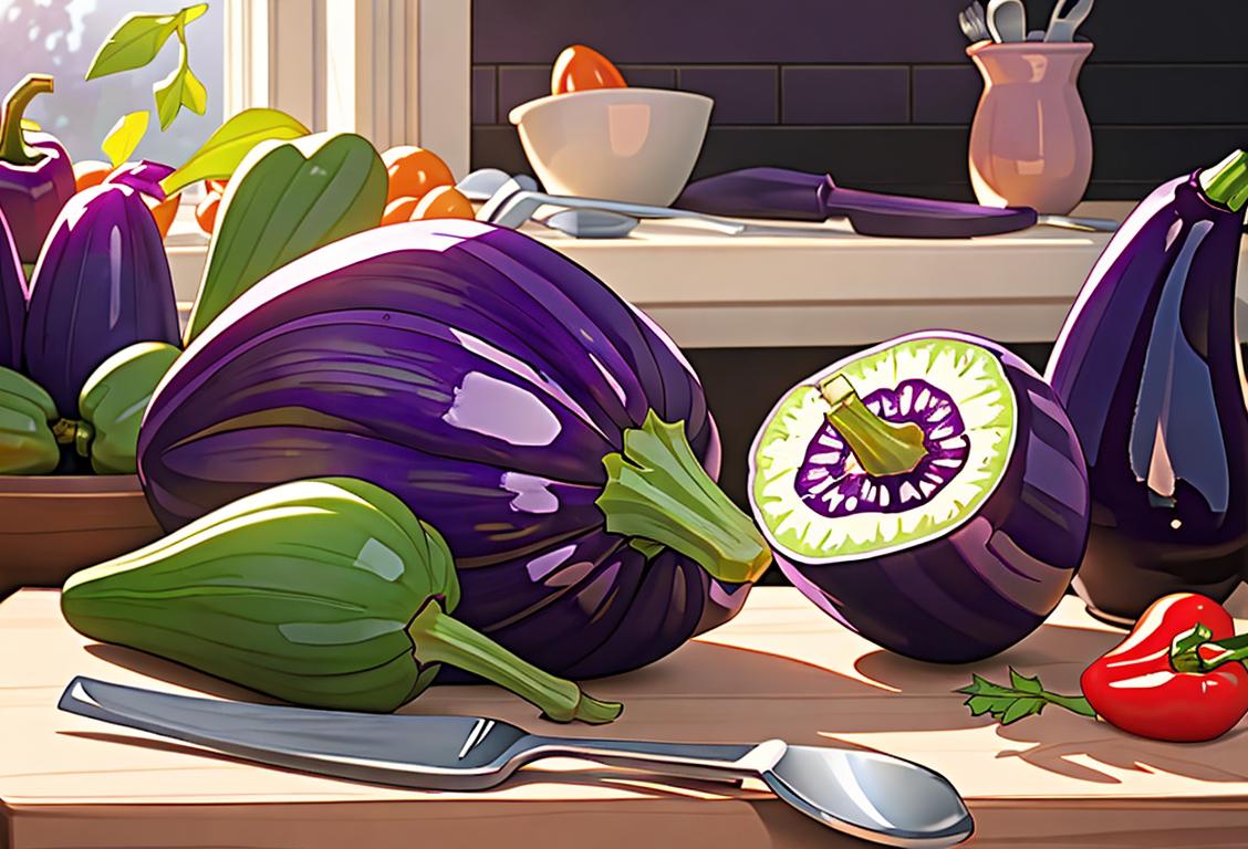 An image of a purple eggplant sitting on a cutting board, surrounded by various colorful vegetables and kitchen utensils. The scene should be bright and cheerful, with natural light streaming in from a nearby window. The person preparing the vegetables should be wearing a colorful apron, showcasing their love for cooking. The style should be modern and trendy, with a hint of vintage charm. The overall vibe should depict the joy and excitement of celebrating National Eggplant Day!.
