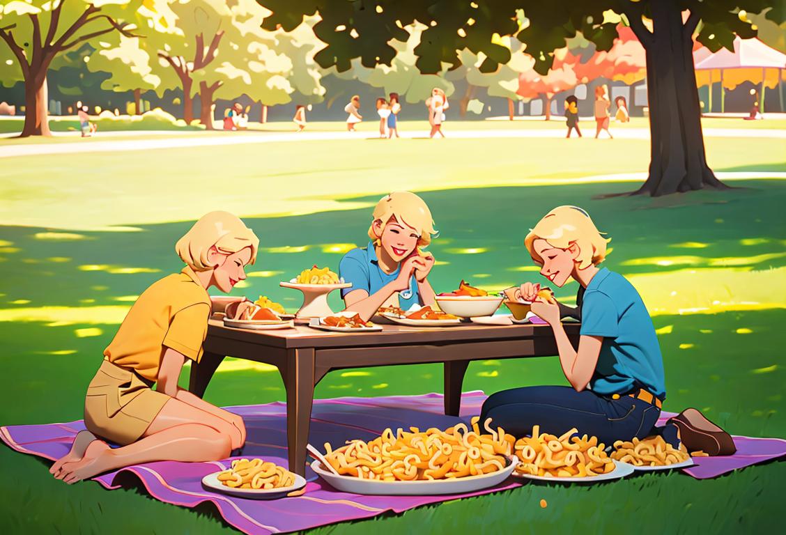 A diverse group of people, dressed in casual summer attire, enjoying a picnic in a park, surrounded by delicious macaroni and cheese dishes..