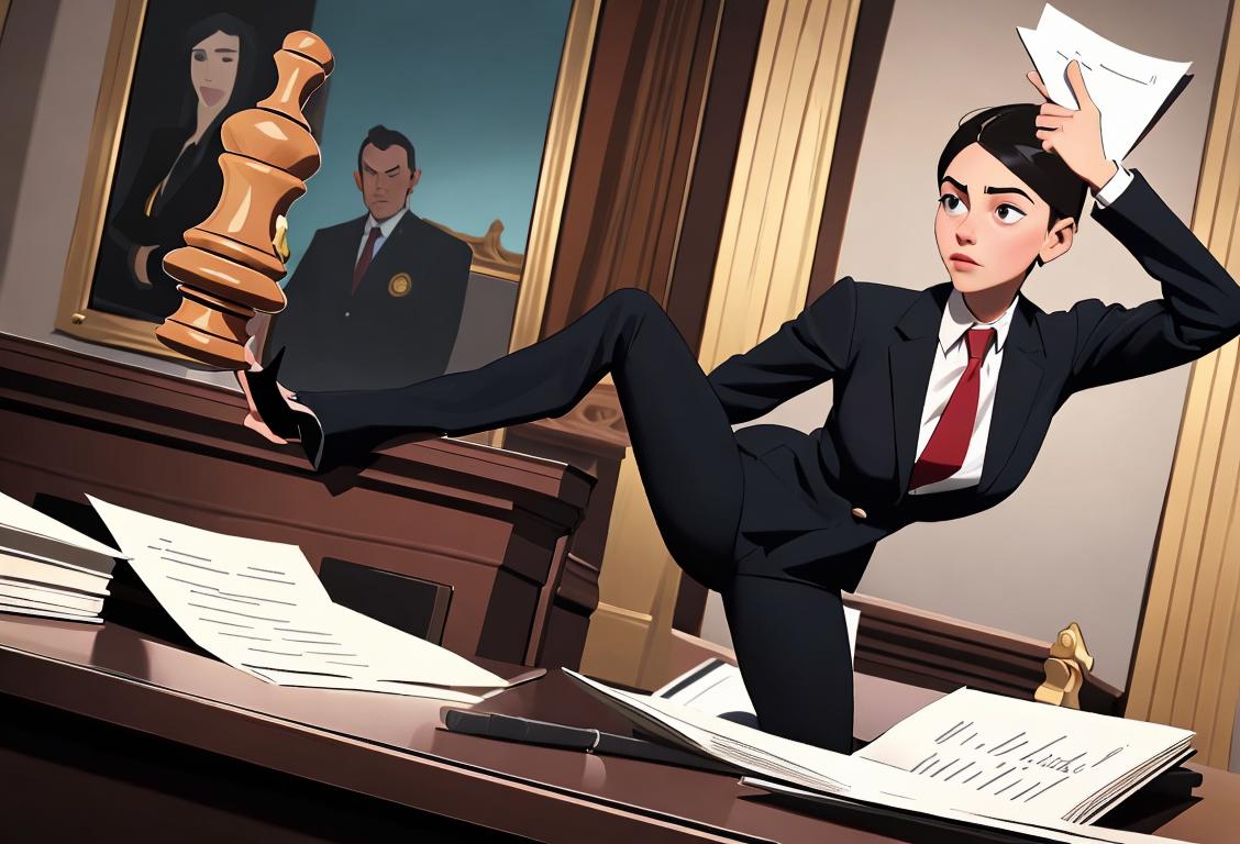 Young person holding a gavel, wearing a sleek suit, in a courtroom setting with documents flying in the air..