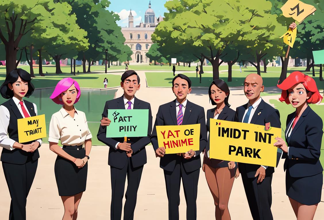 A diverse group of people gathered in a park, holding signs with parliamentary puns, wearing business casual attire with a touch of colorful accessories..