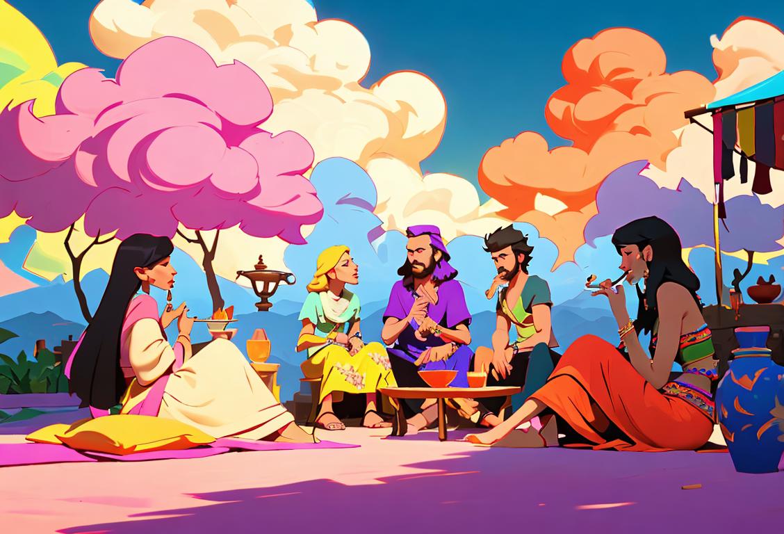 A group of friends sitting around a hookah, blowing colorful clouds of flavored smoke, wearing bohemian-style clothing, in an exotic outdoor setting..